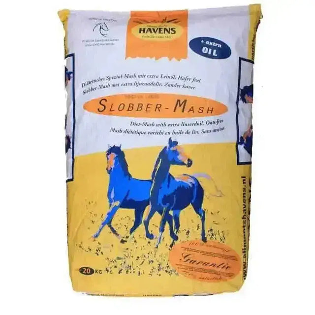 Yellow and white bag of haven’s slobber mash horse feed with blue horses illustrated on front for horse feeds havens
