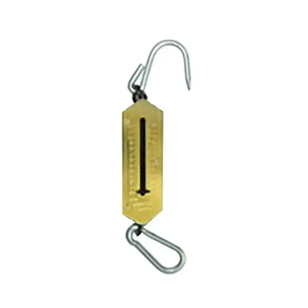 Gold-colored metal hay spring balance scale with hook and carabiner clip for weighing hay and other items