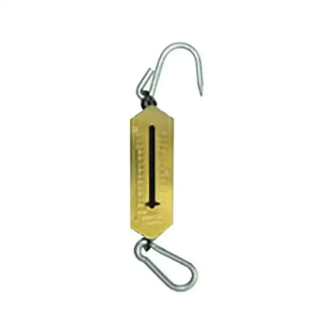 Gold-colored metal hay spring balance scale with hook and carabiner clip for weighing hay and other items