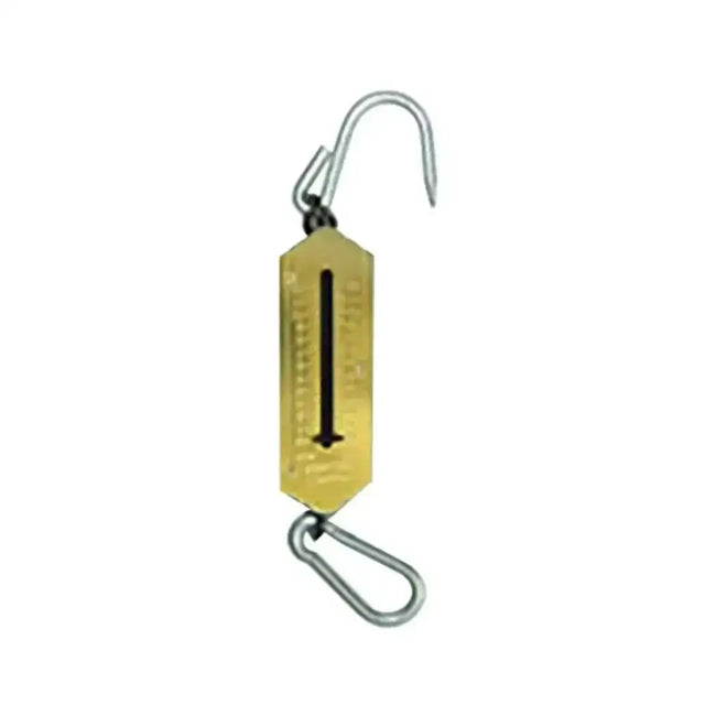 Gold-colored metal hay spring balance scale with hook and carabiner clip for weighing hay and other items