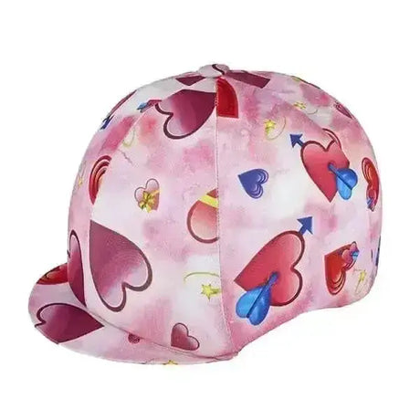 Pink hearts lycra riding hat cover with playful hearts arrows and stars pattern in red blue and yellow