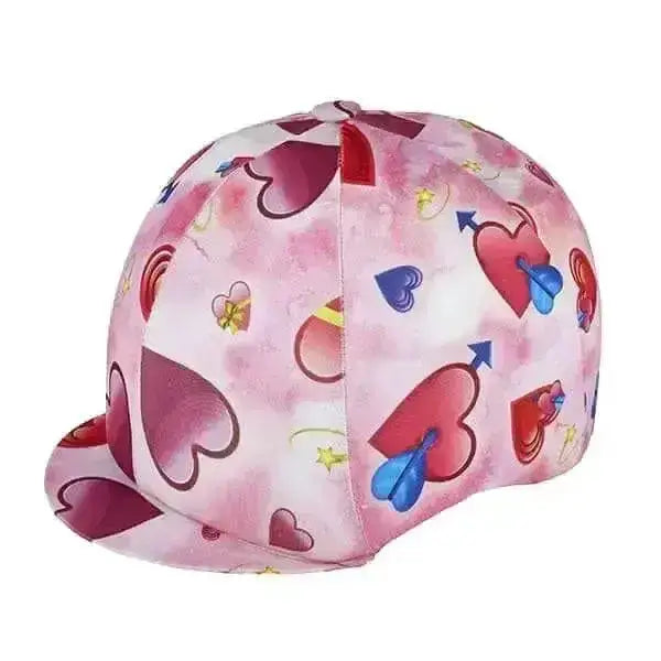 Pink hearts lycra riding hat cover with playful hearts arrows and stars pattern in red blue and yellow