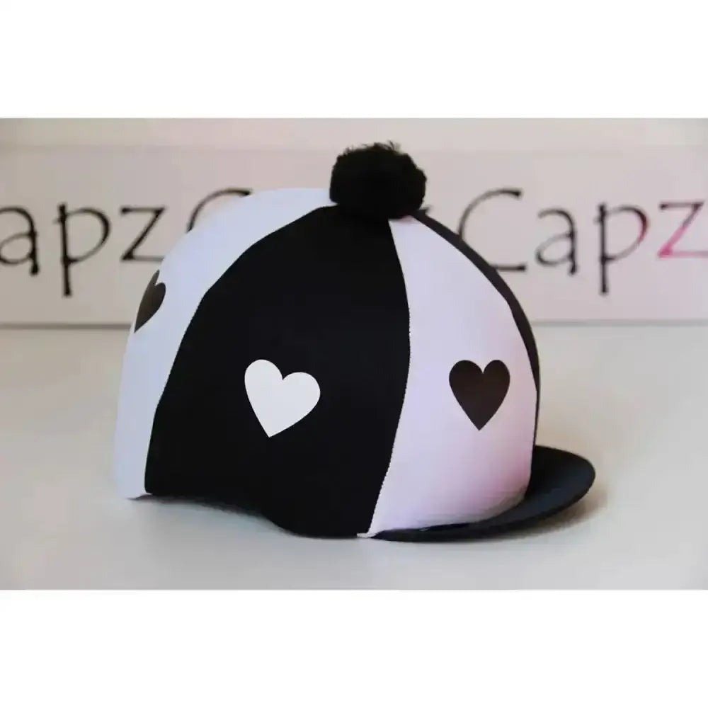 Black and white heart patterned pom poms hat silk with black pom pom for colour riding hat cover