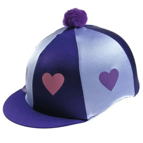Purple and silver hat silks two colour riding hat with pink and purple heart decals and a matching pom poms hat top