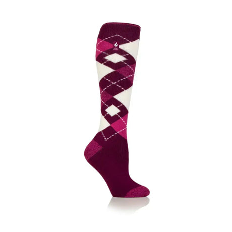 Heat holders ladies womens lite long socks in maroon and pink argyle pattern with white diamond design