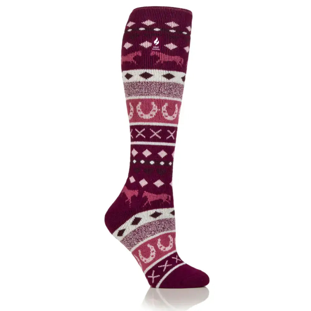 Heat holders ladies southwell fairisle womens lite long knee-high sock in deep fuchsia with horse and horseshoe pattern