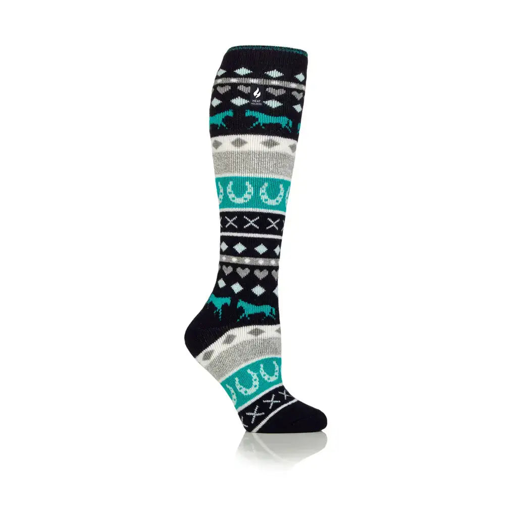 Heat holders ladies womens lite long socks in navy with horse and horseshoe fairisle knit pattern