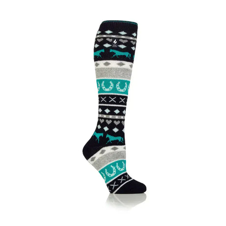 Heat holders ladies womens lite long socks in navy with horse and horseshoe fairisle knit pattern