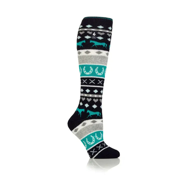 Heat holders ladies womens lite long socks in navy with horse and horseshoe fairisle knit pattern
