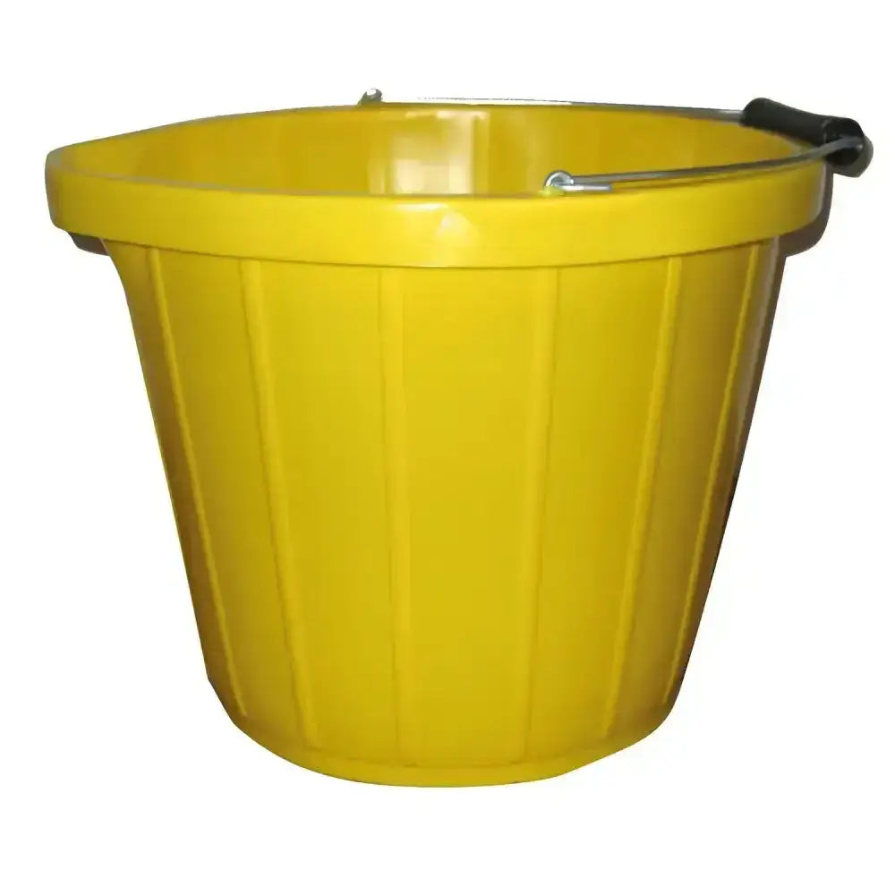 Bright yellow heavy duty bucket 3 gallon with ribbed texture and black handle made from durable polythene quality bucket
