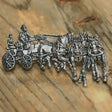 Silver-toned pewter lapel clip pin showing detailed heavy horse team of 4 with driver and passenger for enthusiasts