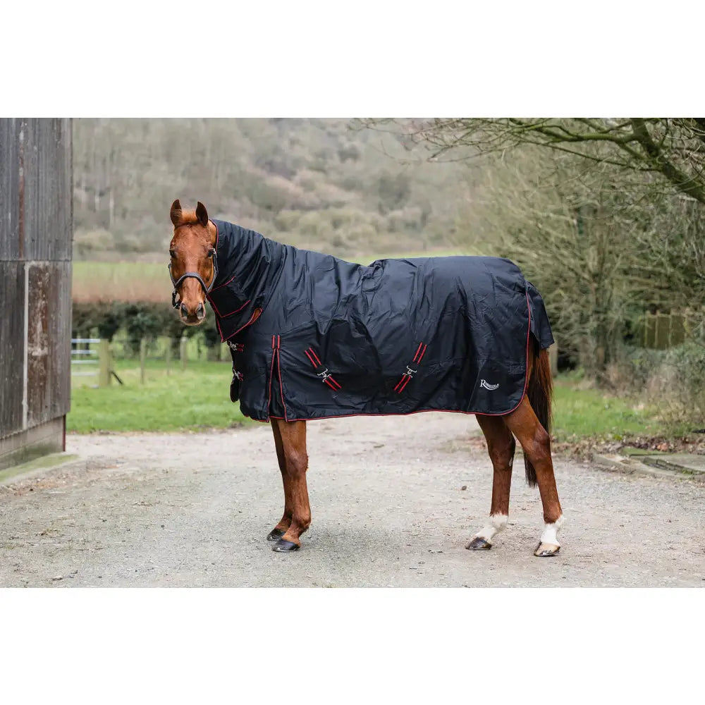 Dark navy heavy weight combo turnout rug with red trim and silver buckles rhinegold aspen 350g combo turnout rugs