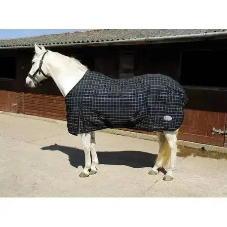 Black and gray plaid heavy weight stable rug rhinegold quilted vegas with subtle sheen and reinforced stitching edges