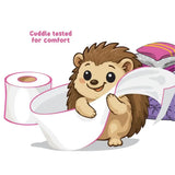 A cartoon hedgehog with brown spines holding hedgie toilet tissue with pink edges and a special pattern