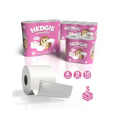 Pink-packaged hedgie toilet tissue rolls with special pattern and cartoon hedgehog design showing textured white paper