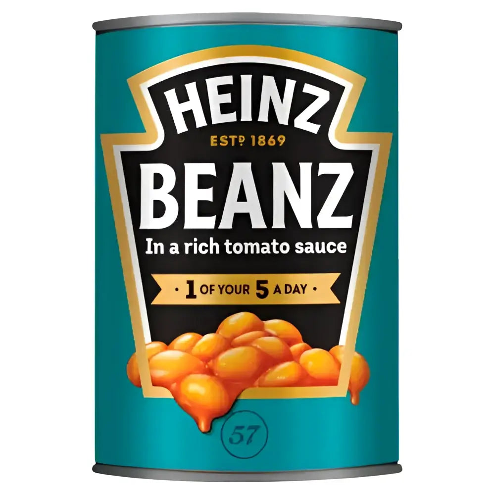 Heinz beanz in rich tomato sauce served in a teal metal can with gold and black branding perfect for equestrian meals
