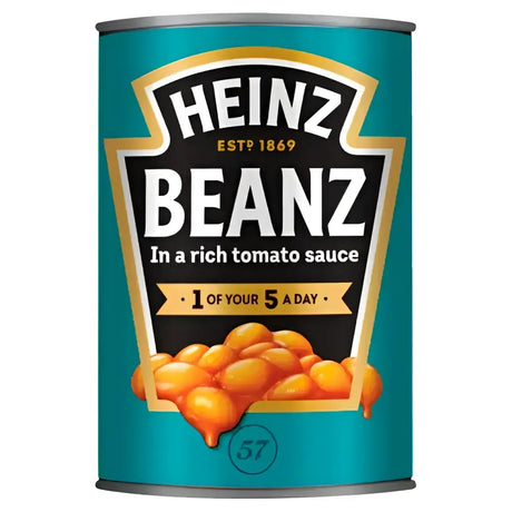Heinz beanz in rich tomato sauce served in a teal metal can with gold and black branding perfect for equestrian meals