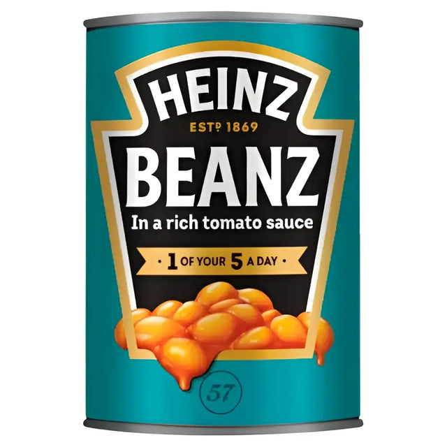 Heinz beanz in rich tomato sauce served in a teal metal can with gold and black branding perfect for equestrian meals