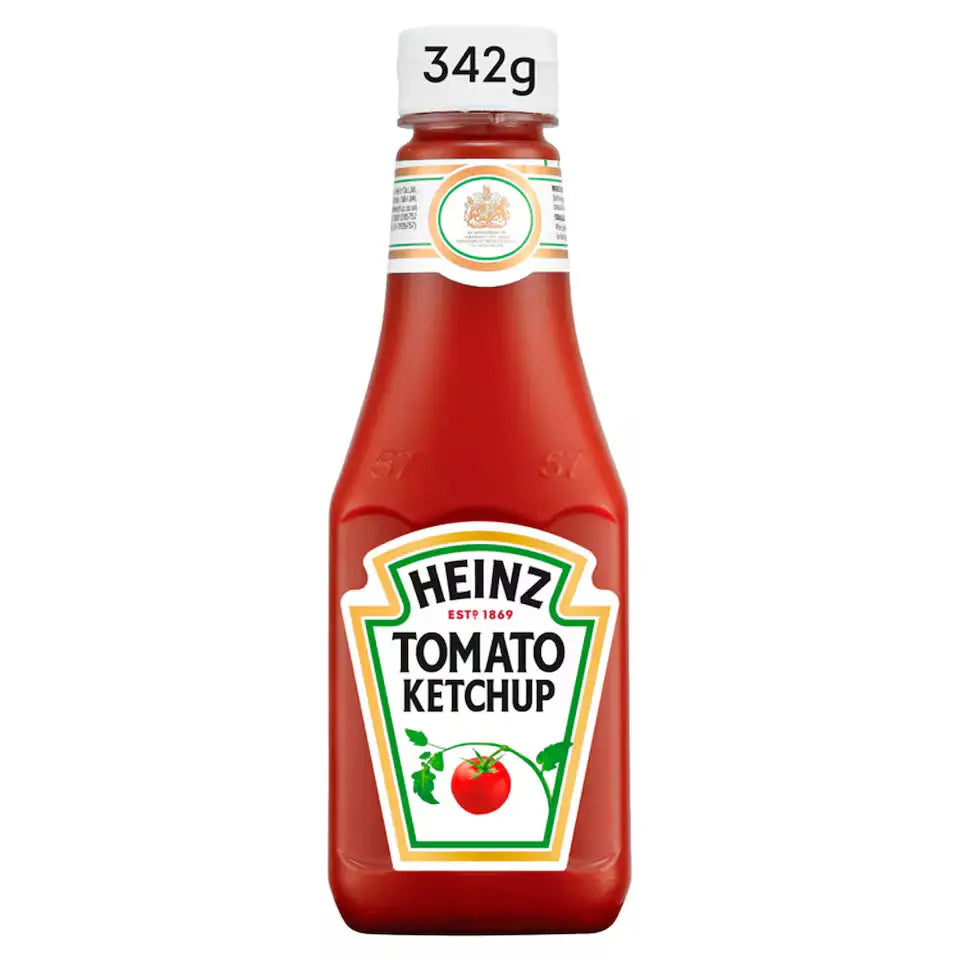 Red heinz tomato sauce squeezy bottle with white cap and green and white label featuring heinz tomato logo