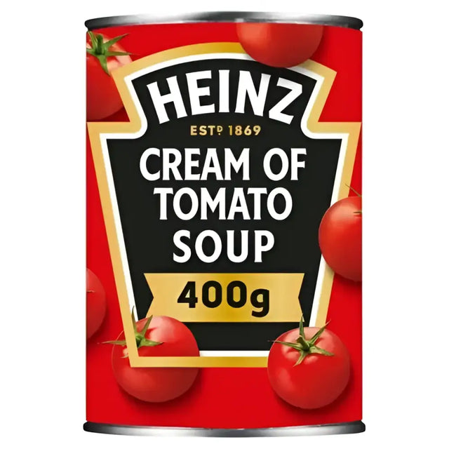 Red cylindrical can of heinz tomato soup 400g perfect for quick and creamy tomato soup meals