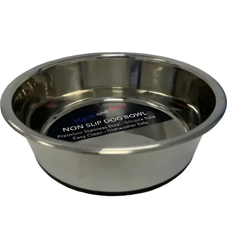 Shiny stainless steel bowl large with black silicon base and health and mood branding by hem and boo