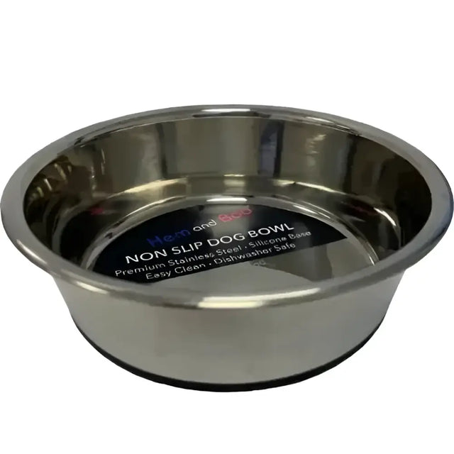 Shiny stainless steel bowl large with black silicon base and health and mood branding by hem and boo