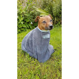 Gray plush henry wag drying bag with henry wag logo on front perfect for drying dogs fast and cozy