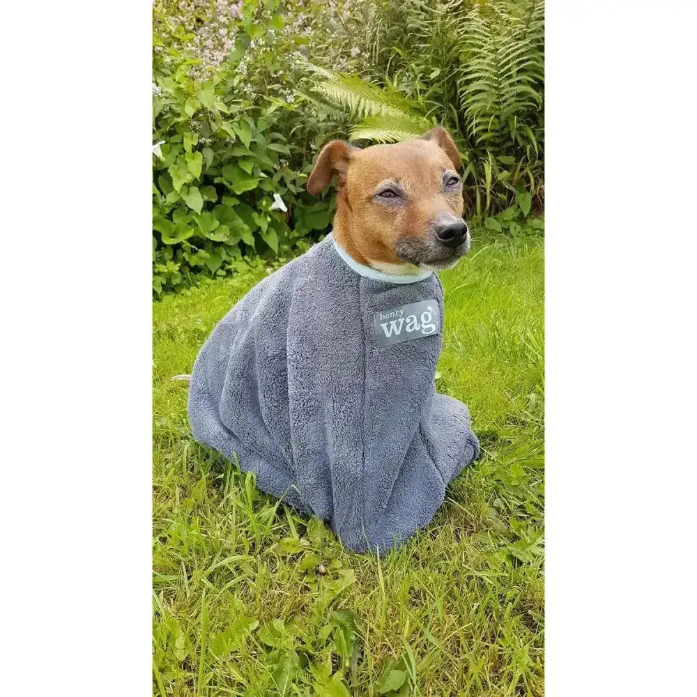 Gray plush henry wag drying bag with hunky wag logo on chest designed for easy dog drying use