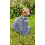 Gray plush henry wag drying bag with hunky wag logo on chest designed for easy dog drying use