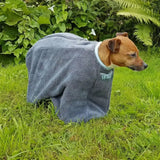 Gray terry cloth henry wag drying bag with white collar and wag logo perfect for drying dogs quickly