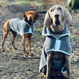 Gray and light blue fleece henry wag drying coat with hood removes water and keeps dogs warm after bath