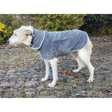 Gray plush henry wag drying coat with light blue trim and front pocket that removes water fast