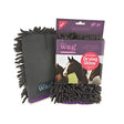 Black henry wag equine microfibre cleaning glove with plush fuzzy texture and purple trim for drying use