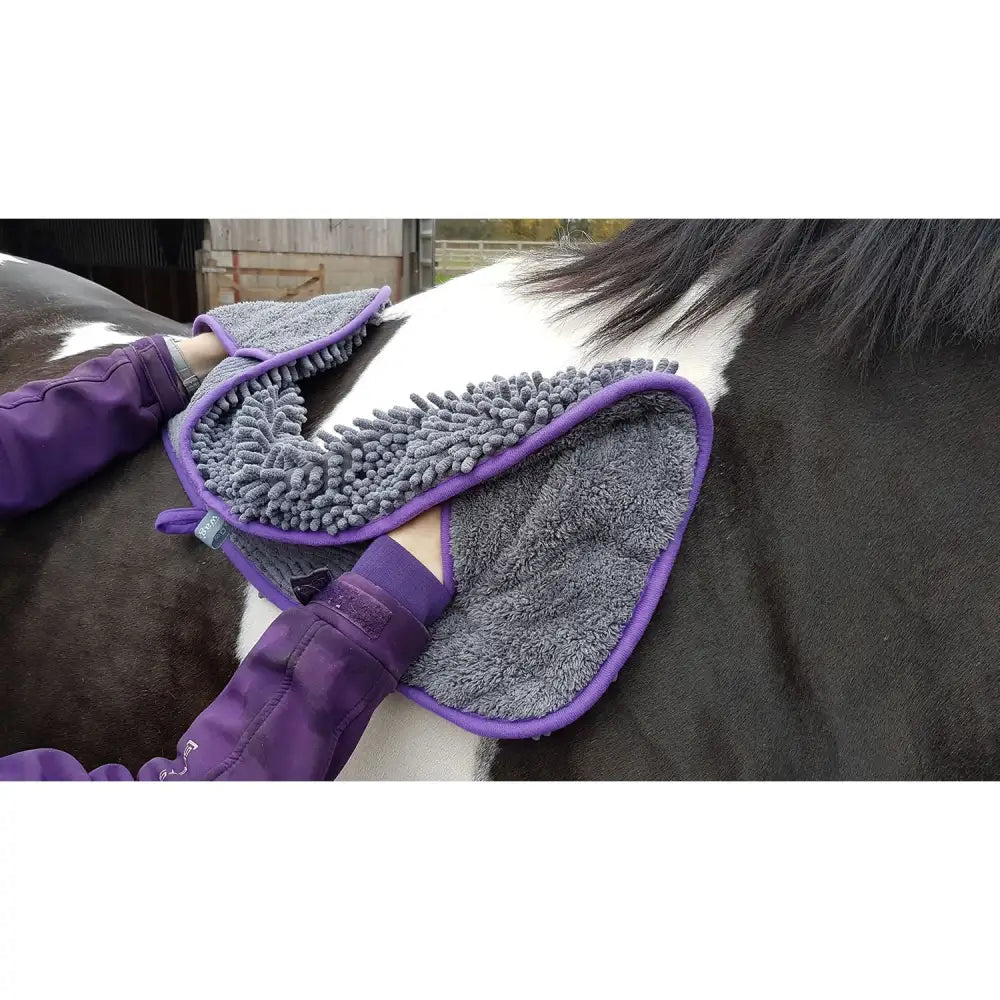 Purple and gray microfiber henry wag equine noodle glove towel with plush textured surface for easy horse grooming
