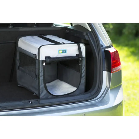 Gray and white henry wag folding fabric crate with fabric mesh window and soft interior lining for easy zip assembly