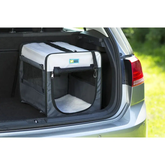 Gray and white henry wag folding fabric crate with fabric mesh window and soft interior lining for easy zip assembly
