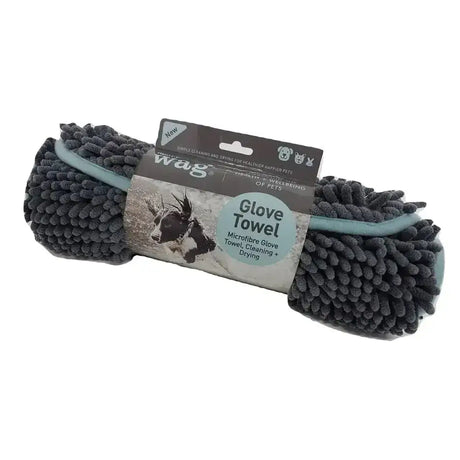 Dark grey henry wag microfibre glove towel with light blue trim in wag branded sleeve perfect for dog grooming towels
