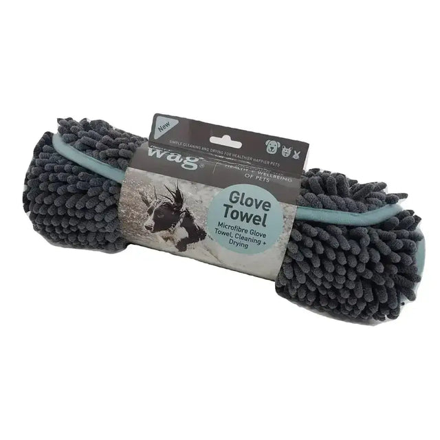 Dark grey henry wag microfibre glove towel with light blue trim in wag branded sleeve perfect for dog grooming towels