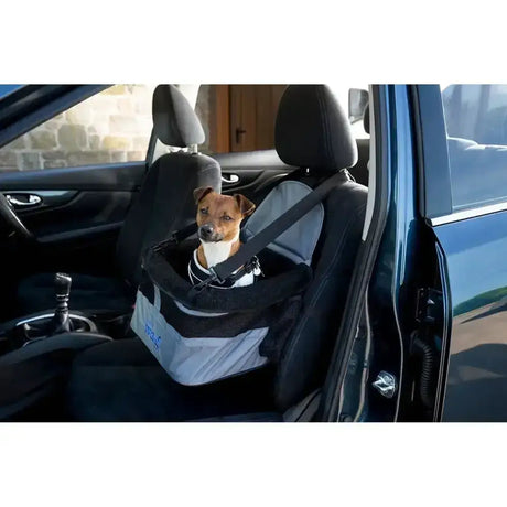 Black and gray mesh henry wag pet car booster seat with adjustable straps for a safe riding position