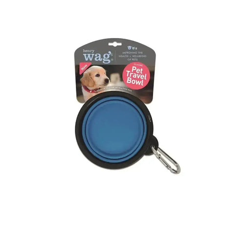 Blue collapsible henry wag pet travel dog bowl with black rim and silver carabiner clip for easy carrying