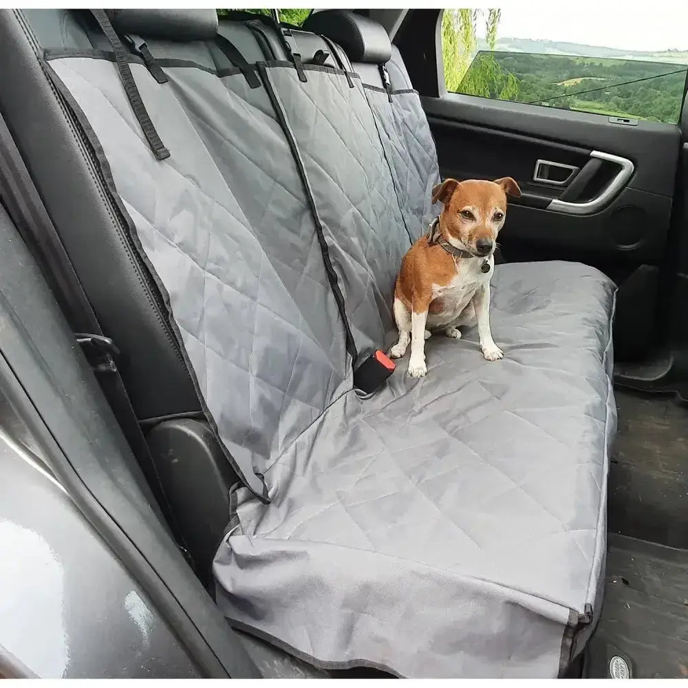 Gray quilted henry wag share spare seat cover with black straps and red buckle to protect vehicle seats