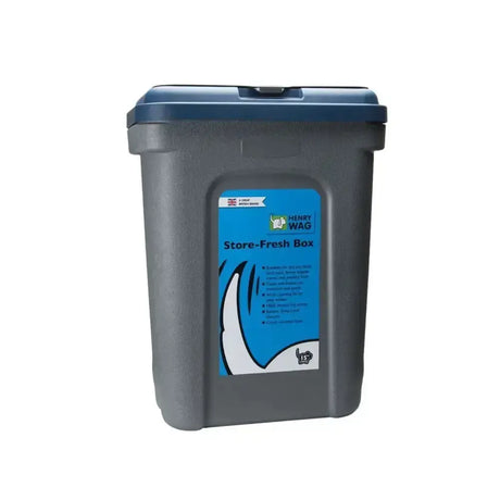Gray plastic henry wag store fresh box with blue lid and dog food storage label for dry pet food use