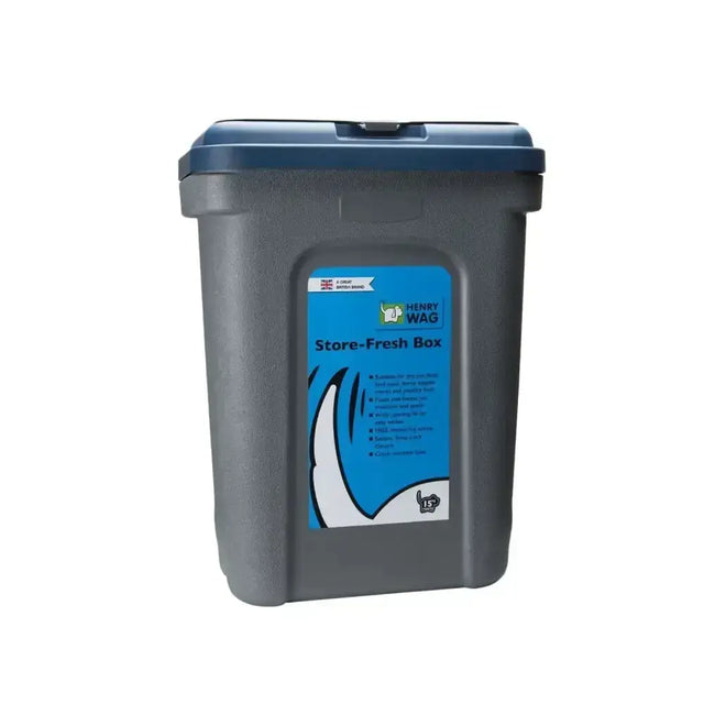 Gray plastic henry wag store fresh box with blue lid and dog food storage label for dry pet food use