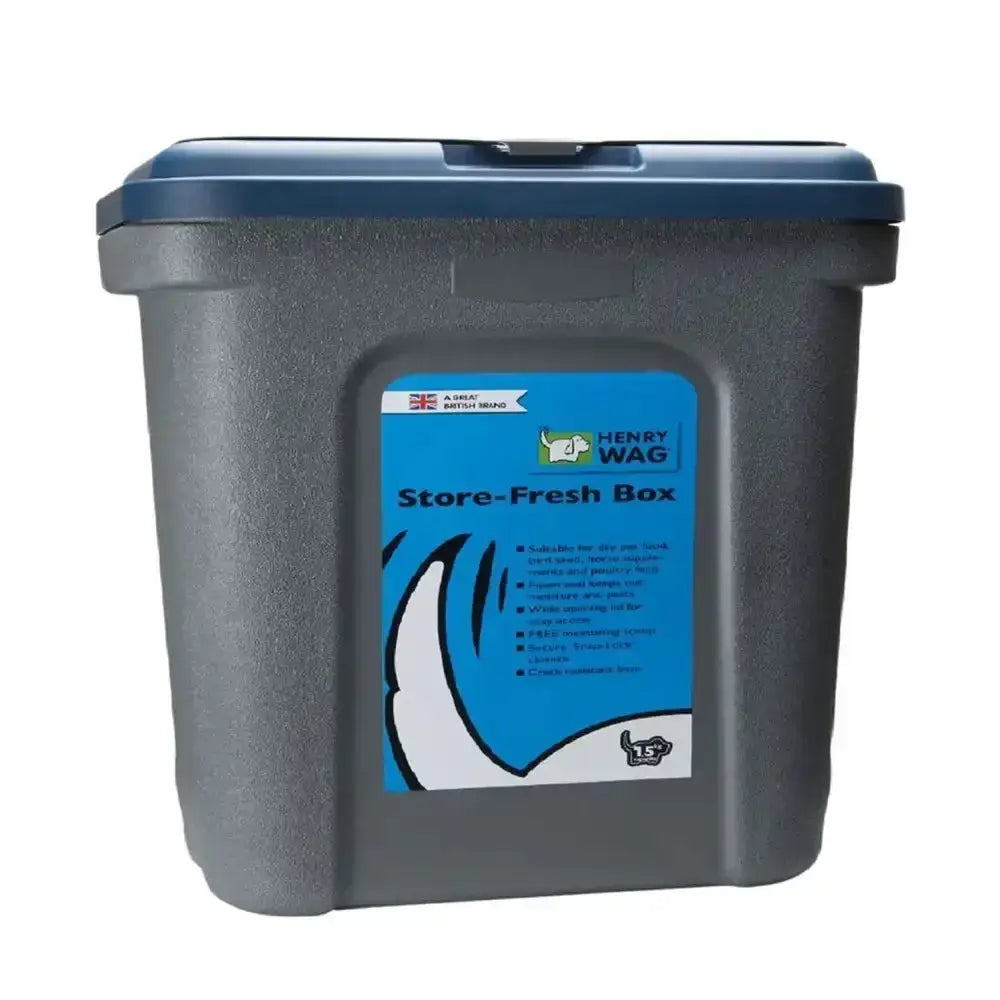 Gray plastic henry wag store fresh dog food storage box with blue lid and label for dry pet food storage