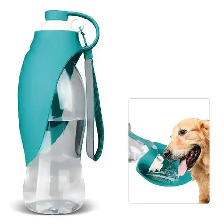Teal silicone sleeve with carrying strap wraps around clear plastic henry wag travel water bottle for pet hydration