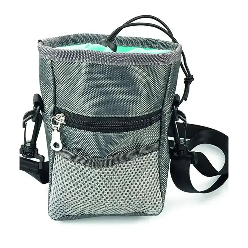 Gray mesh henry wag treat travel bag with black zipper carabiner clips and adjustable strap for easy dog travel bags use