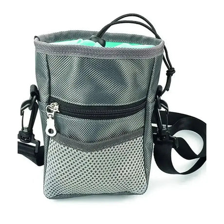 Gray mesh henry wag treat travel bag with black zipper carabiner clips and adjustable strap for easy dog travel bags use