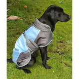 Light blue and gray henry wag waterproof dog coat with reflective trim lets owners spend longer outdoors comfortably