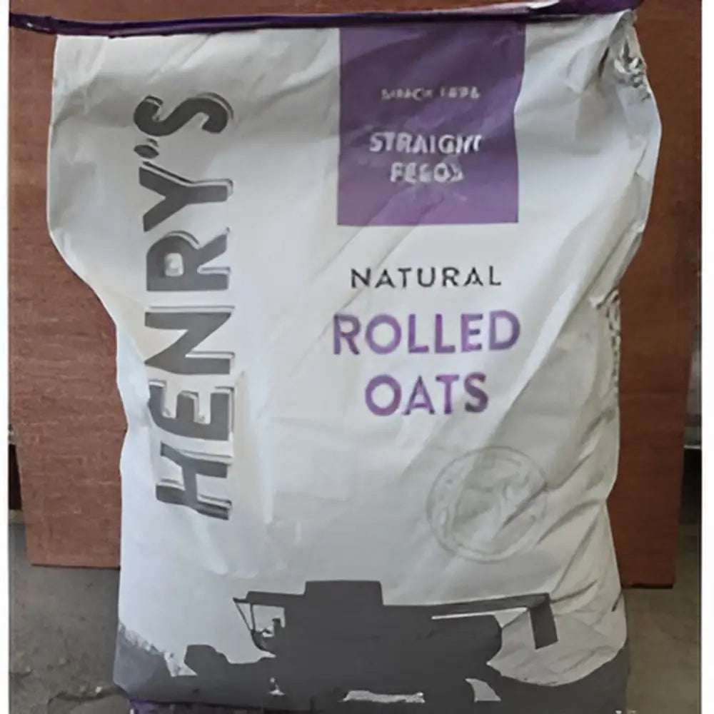 A white and purple bag of henrys rolled oats featuring lightly rolled oats and a black combine harvester silhouette