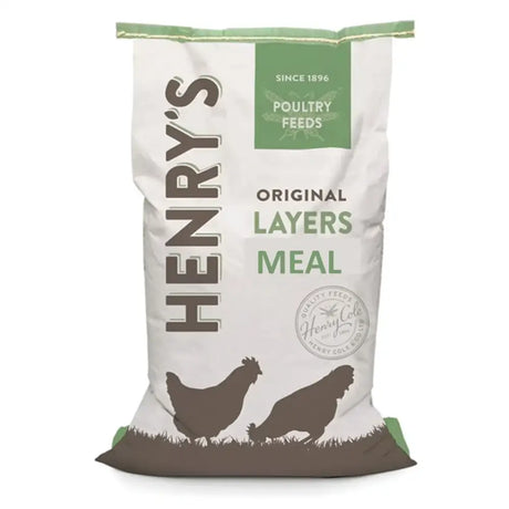 White and green bag of henrys layers meal poultry feed with brown chicken silhouettes for free range laying birds